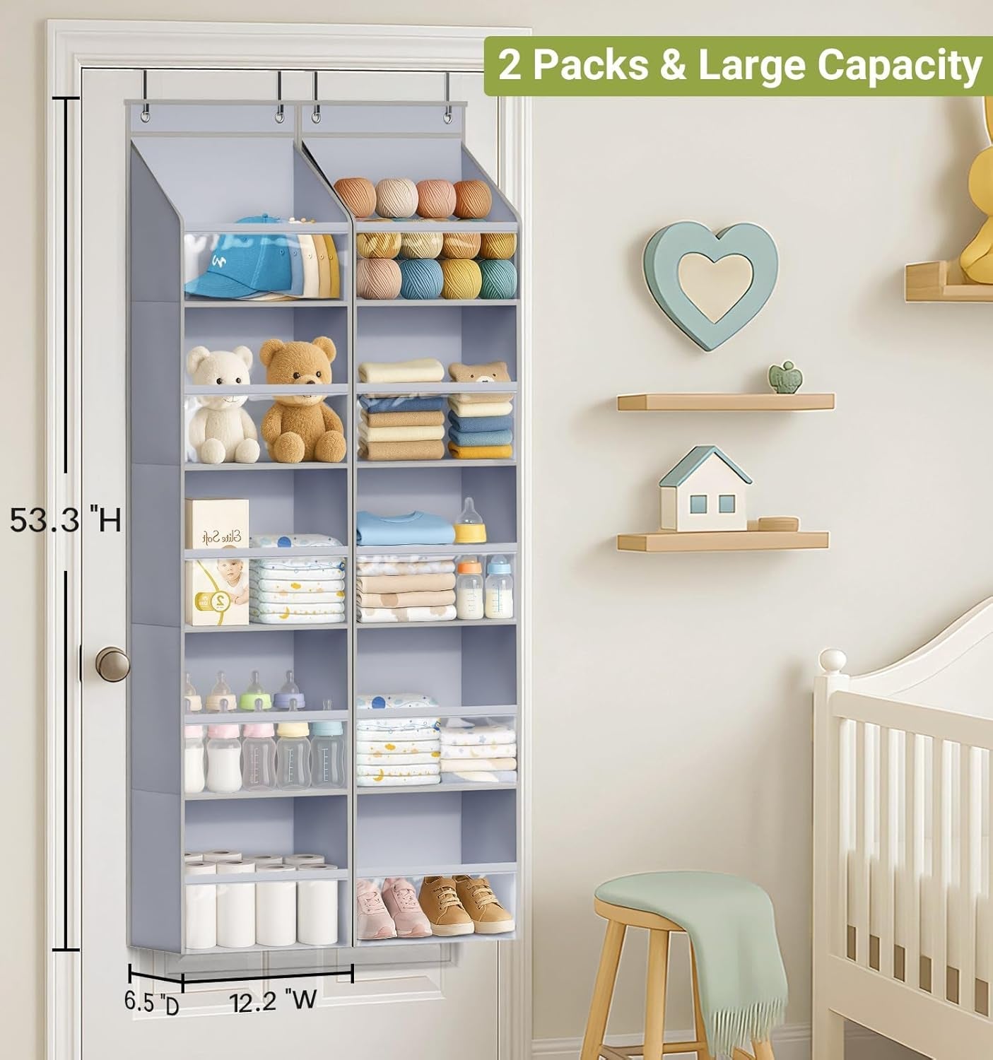 2 Pack over the Door Organizer, Large Capacity Closet Door Hanging Organizer, Clear Deep Pockets Baby Organizer Storage for Nursery, Bathroom, Bedroom, Pantry, Diapers (Grey) - My Store