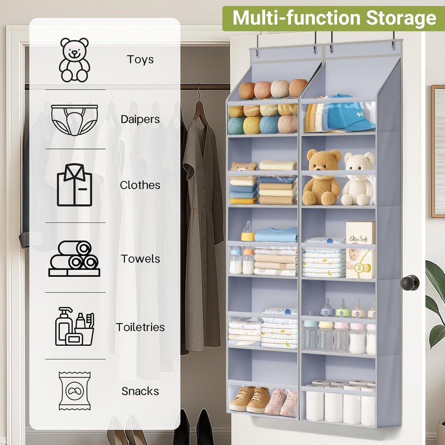 2 Pack over the Door Organizer, Large Capacity Closet Door Hanging Organizer, Clear Deep Pockets Baby Organizer Storage for Nursery, Bathroom, Bedroom, Pantry, Diapers (Grey) - My Store