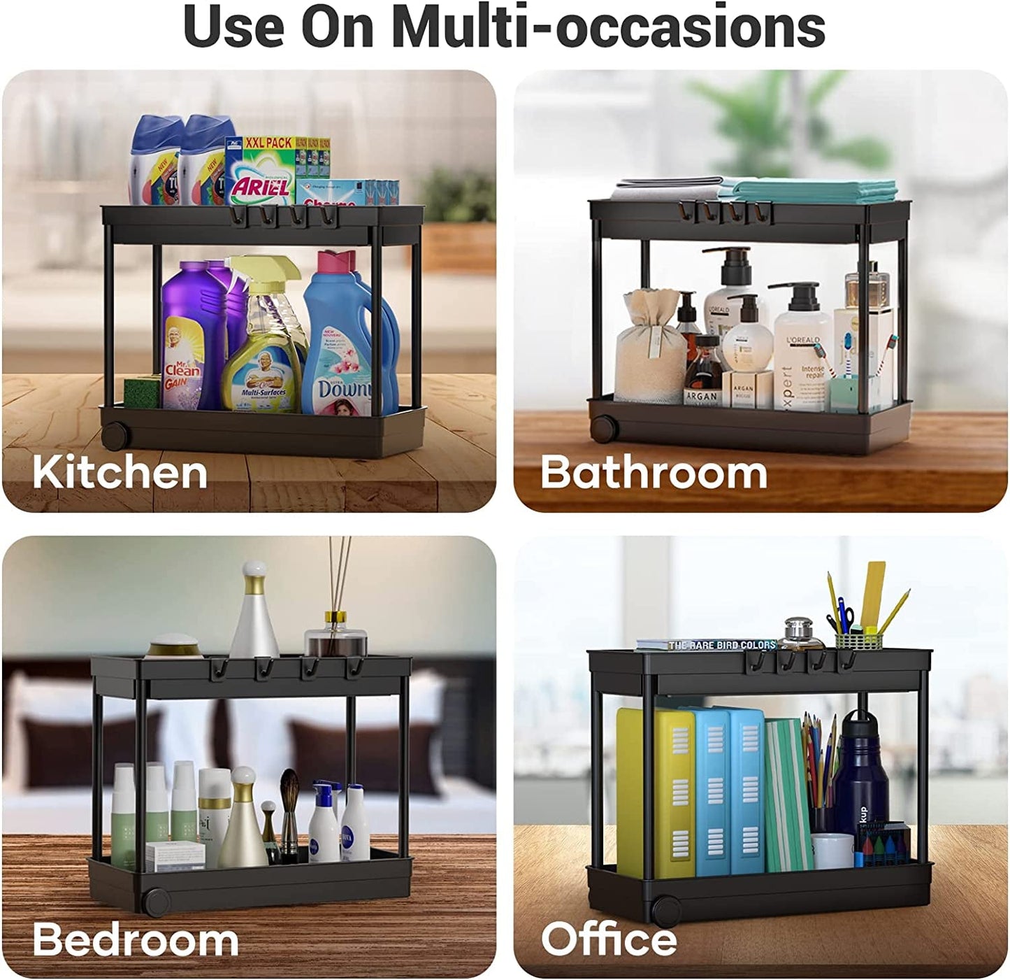 2 Pack under Sink Organizer, 2 Tier Bathroom Cabinet Organizers and Storage with Hook, Multi - Purpose Storage Basket Shelf for Kitchen, Black - My Store