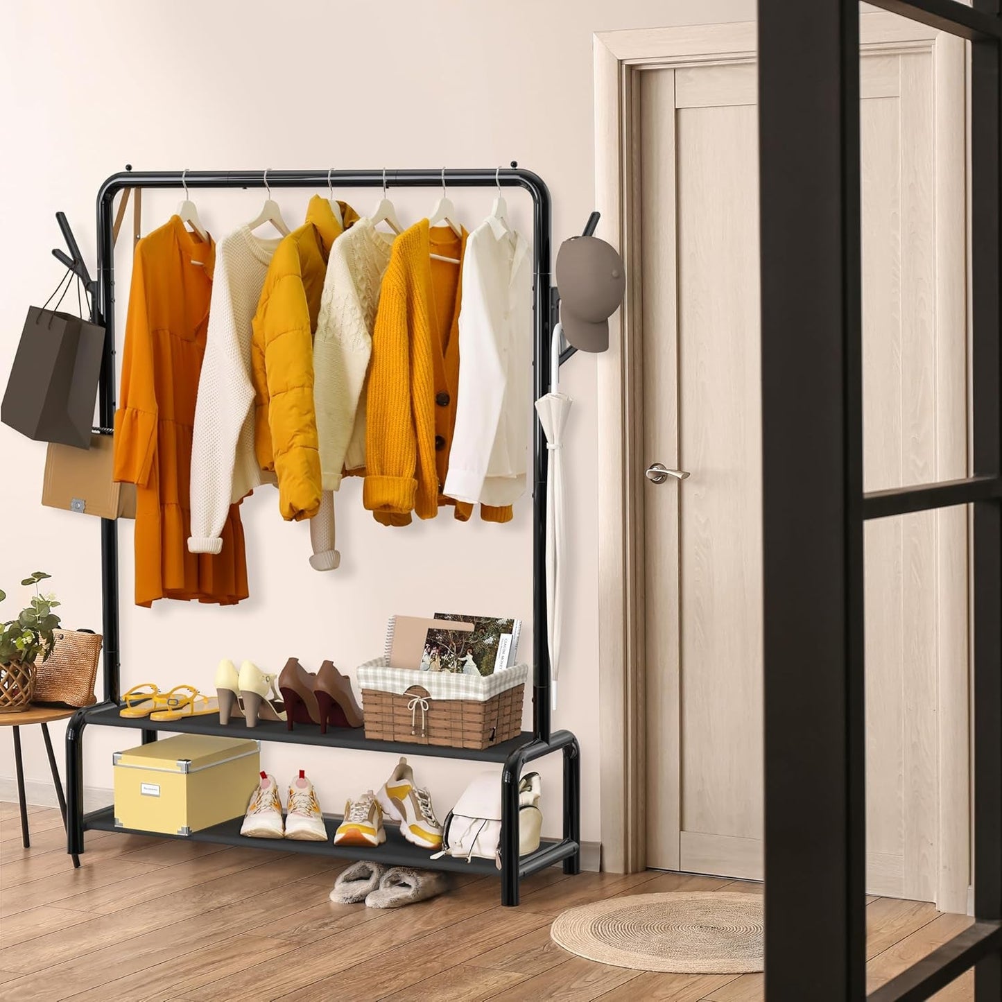 52 - Inch Garment Rack with Storage Shelves and Coat/Hat Hanging Hooks, Black - My Store
