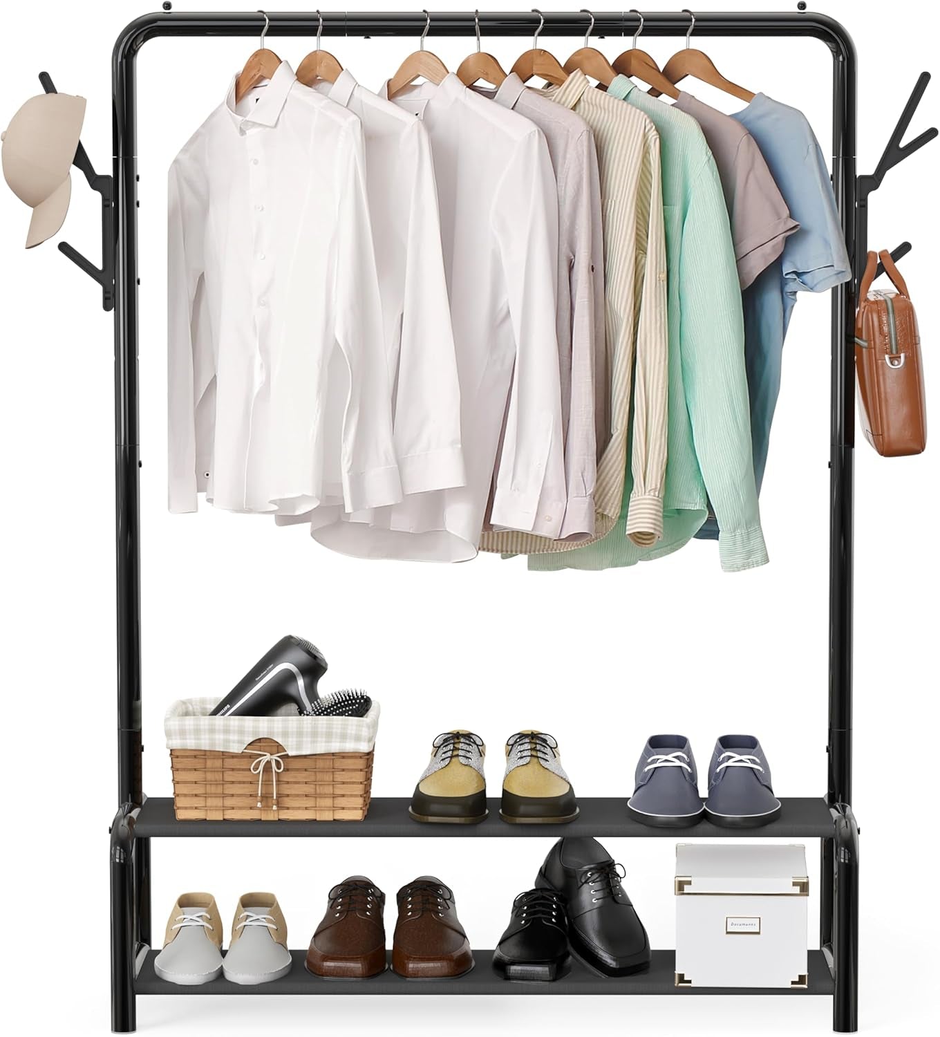 52 - Inch Garment Rack with Storage Shelves and Coat/Hat Hanging Hooks, Black - My Store