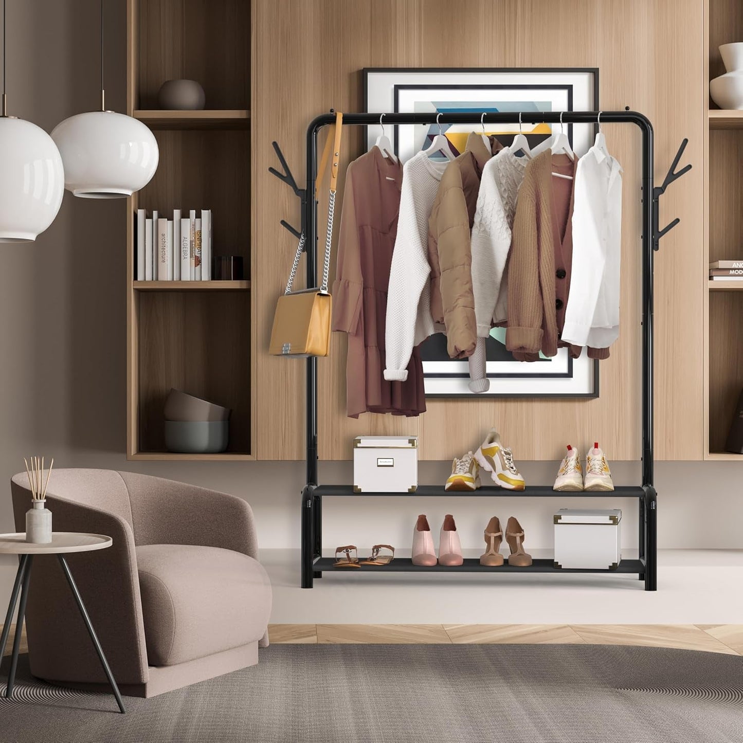 52 - Inch Garment Rack with Storage Shelves and Coat/Hat Hanging Hooks, Black - My Store