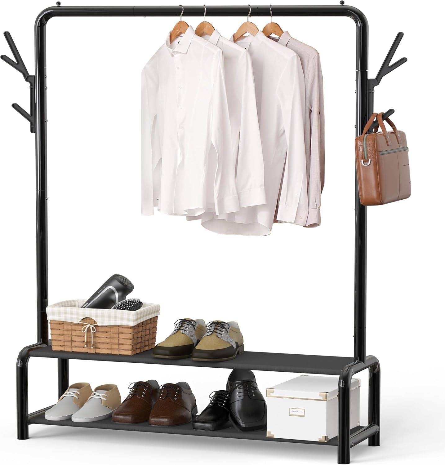 52 - Inch Garment Rack with Storage Shelves and Coat/Hat Hanging Hooks, Black - My Store