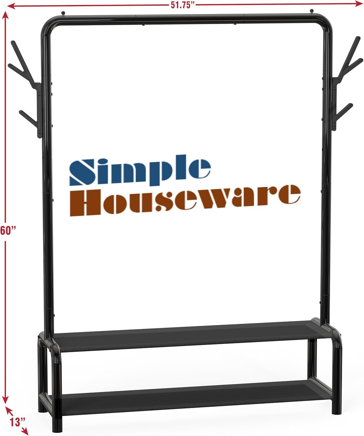 52 - Inch Garment Rack with Storage Shelves and Coat/Hat Hanging Hooks, Black - My Store