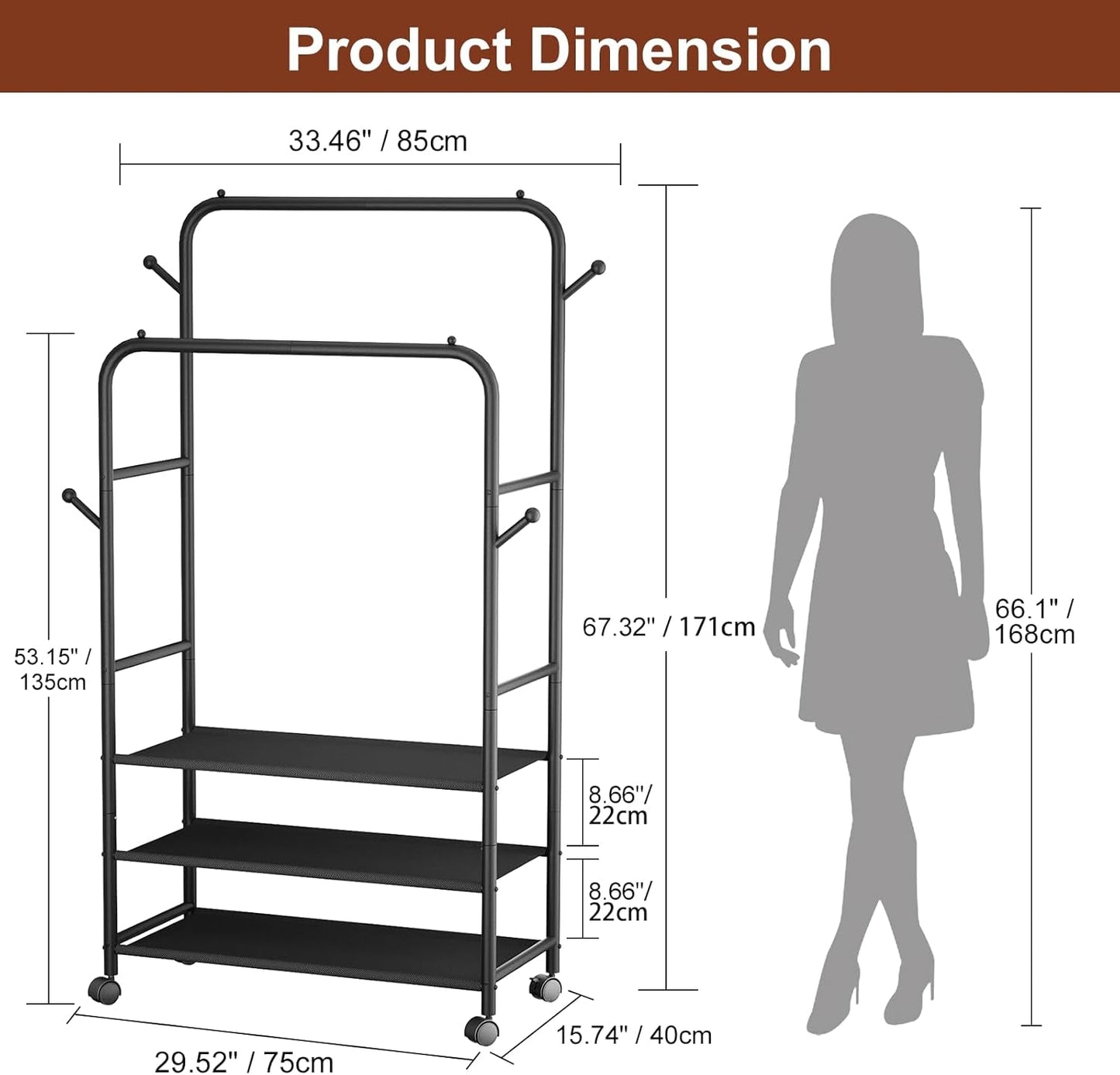 Clothes Racks for Hanging Clothes, Portable Rolling Garment Rack, Sturdy Metal Freestanding Cloths Racks with Wheels, Double Rods Wardrobe Rack for Bedroom Laundry Living Room - My Store
