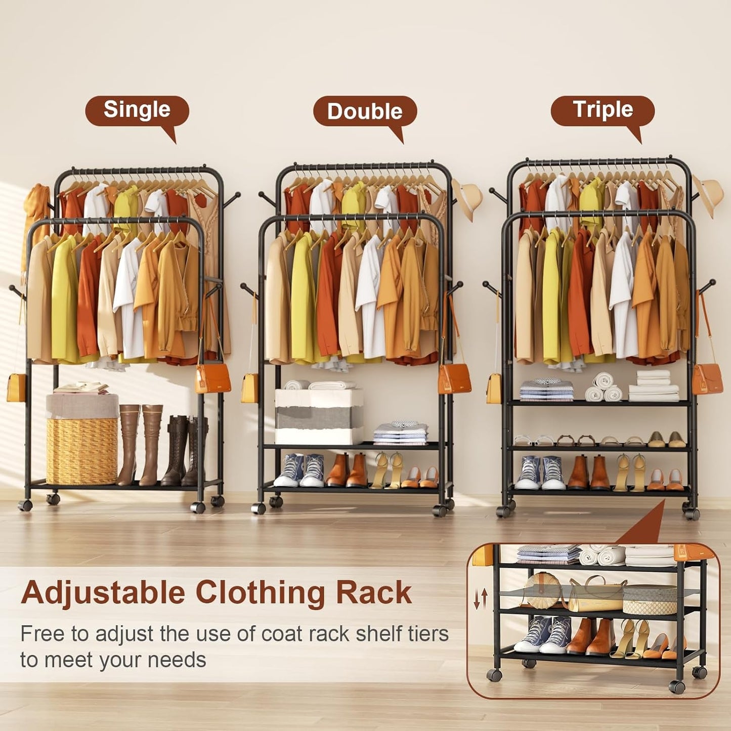 Clothes Racks for Hanging Clothes, Portable Rolling Garment Rack, Sturdy Metal Freestanding Cloths Racks with Wheels, Double Rods Wardrobe Rack for Bedroom Laundry Living Room - My Store