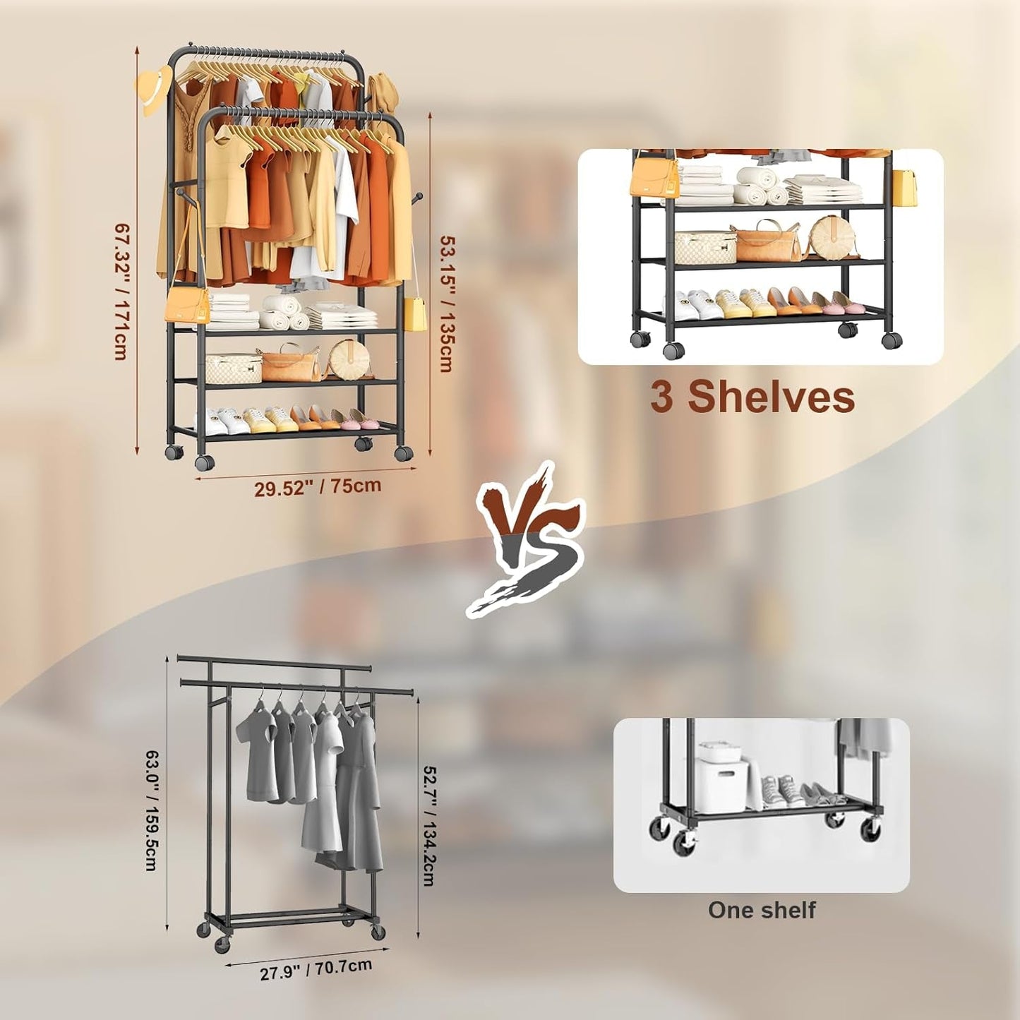 Clothes Racks for Hanging Clothes, Portable Rolling Garment Rack, Sturdy Metal Freestanding Cloths Racks with Wheels, Double Rods Wardrobe Rack for Bedroom Laundry Living Room - My Store