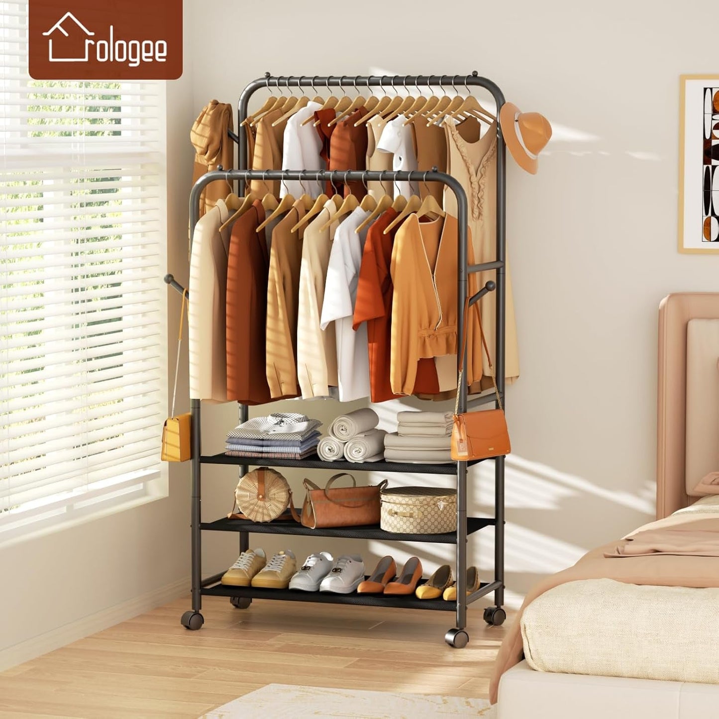 Clothes Racks for Hanging Clothes, Portable Rolling Garment Rack, Sturdy Metal Freestanding Cloths Racks with Wheels, Double Rods Wardrobe Rack for Bedroom Laundry Living Room - My Store