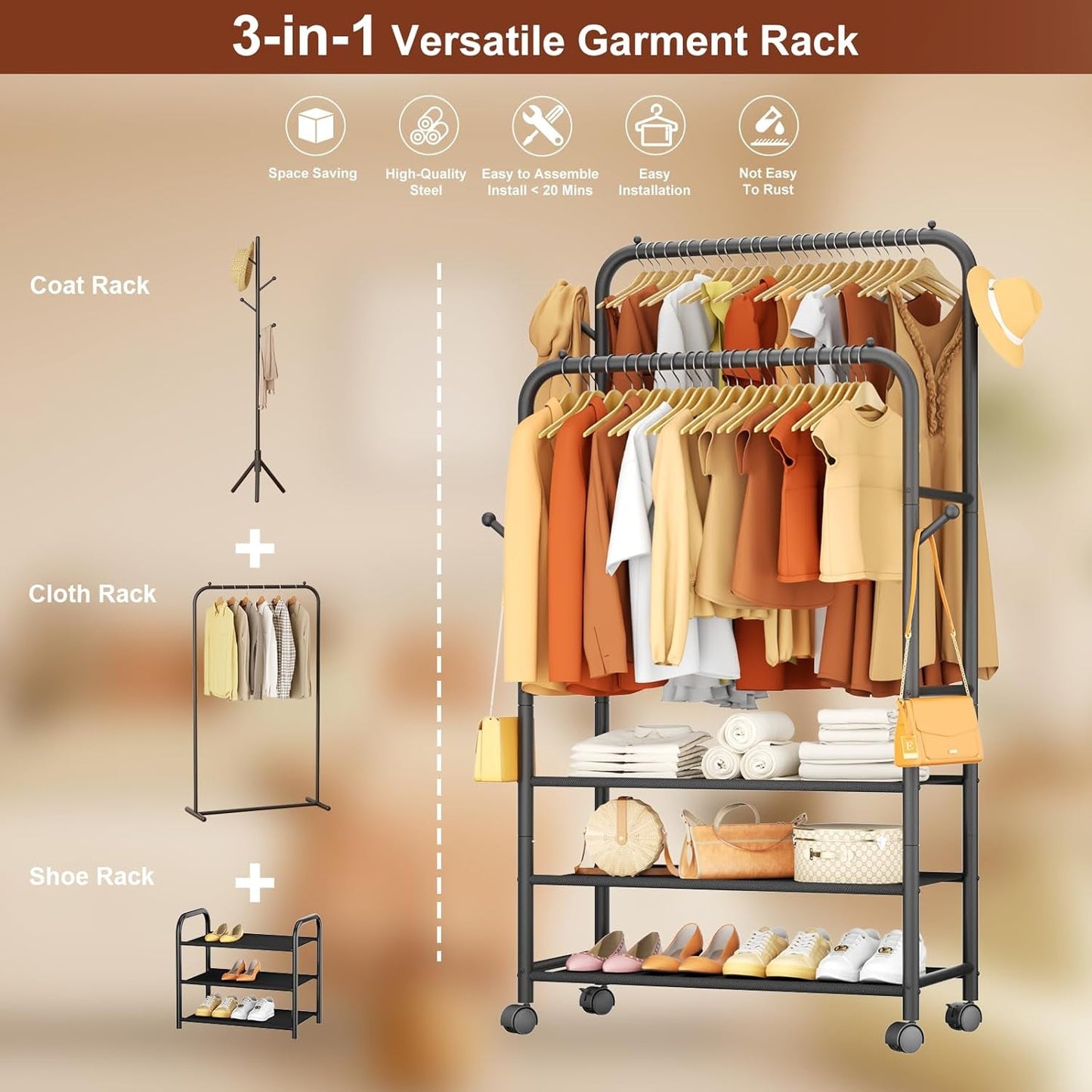 Clothes Racks for Hanging Clothes, Portable Rolling Garment Rack, Sturdy Metal Freestanding Cloths Racks with Wheels, Double Rods Wardrobe Rack for Bedroom Laundry Living Room - My Store