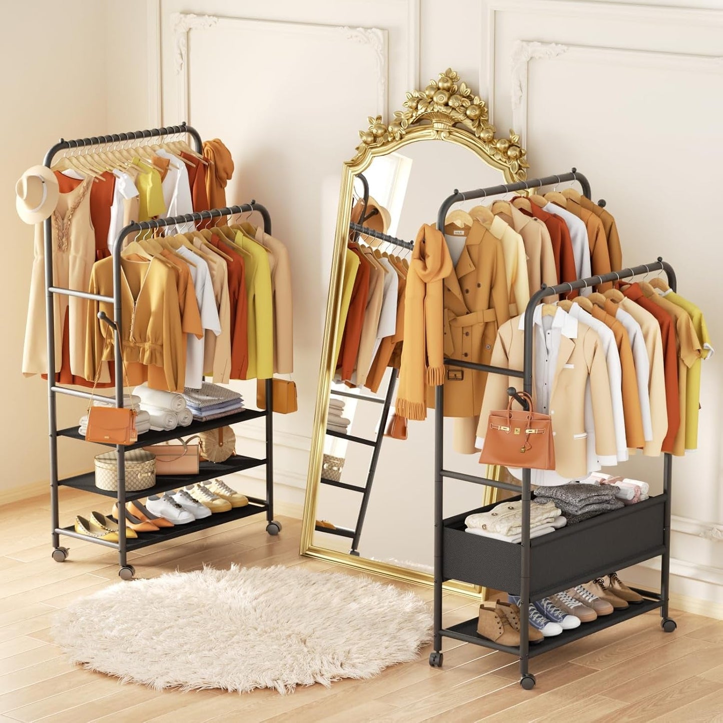 Clothes Racks for Hanging Clothes, Portable Rolling Garment Rack, Sturdy Metal Freestanding Cloths Racks with Wheels, Double Rods Wardrobe Rack for Bedroom Laundry Living Room - My Store