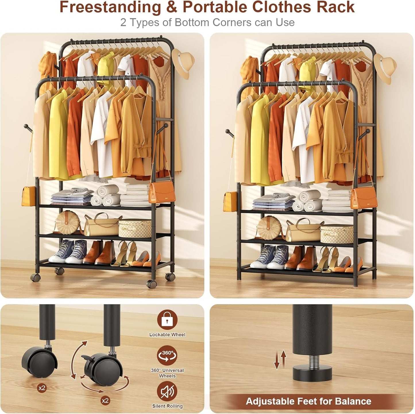 Clothes Racks for Hanging Clothes, Portable Rolling Garment Rack, Sturdy Metal Freestanding Cloths Racks with Wheels, Double Rods Wardrobe Rack for Bedroom Laundry Living Room - My Store