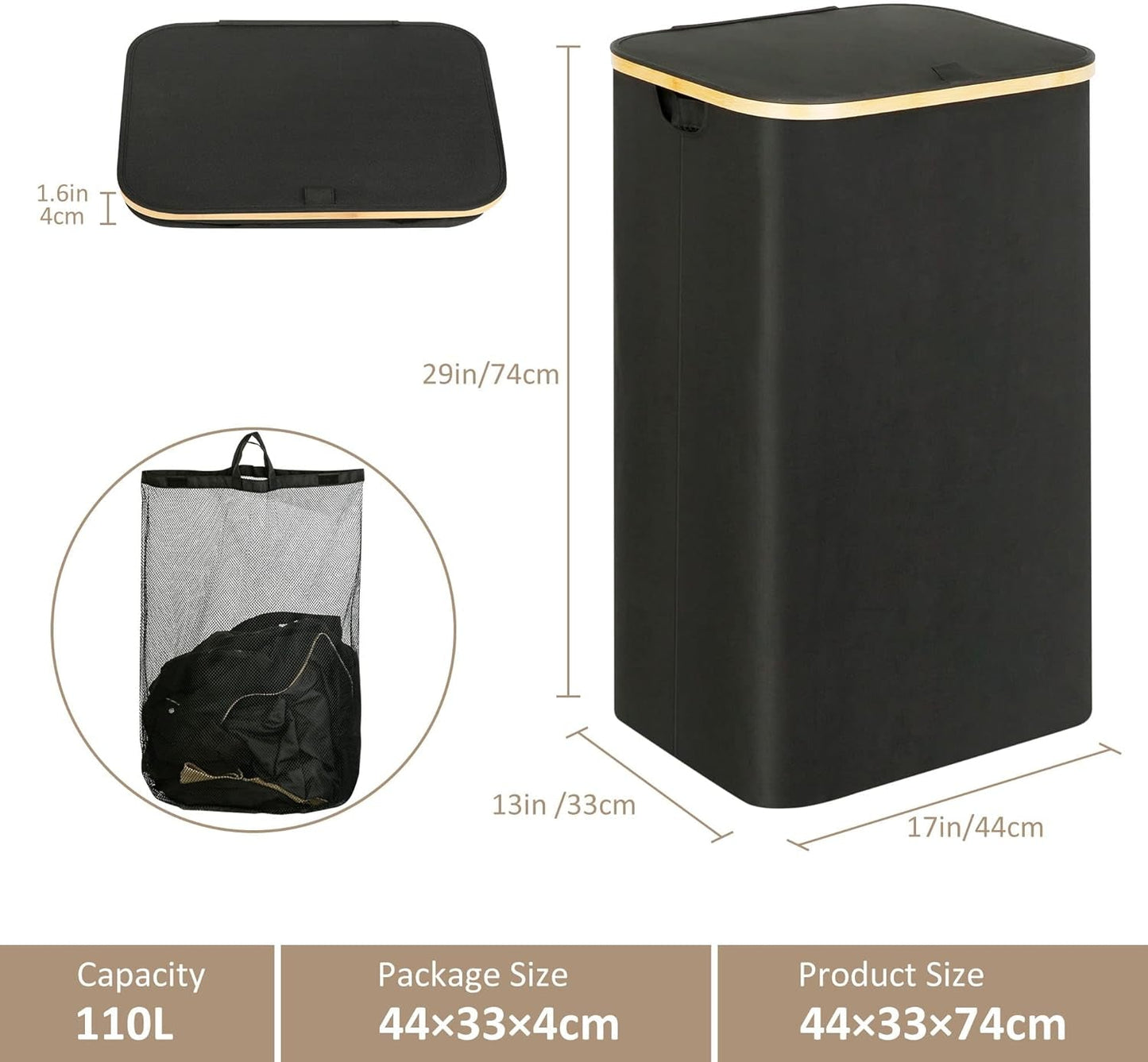 Laundry Hamper with Lid - Waterproof Freestanding Laundry Basket with Removable Liner Bag, Collapsible 110L Large Clothes Storage Laundry Bin with Easy Carry Bamboo Handle for Clothes Toys Organizer - My Store