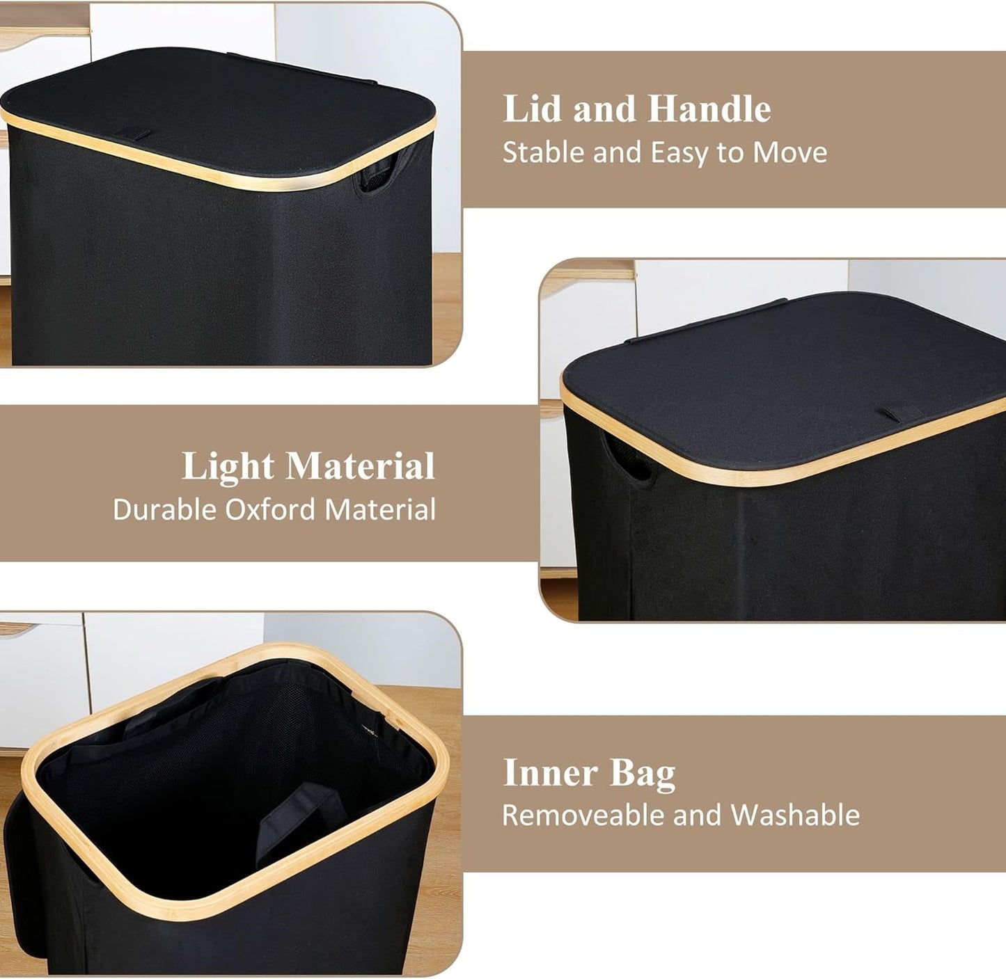 Laundry Hamper with Lid - Waterproof Freestanding Laundry Basket with Removable Liner Bag, Collapsible 110L Large Clothes Storage Laundry Bin with Easy Carry Bamboo Handle for Clothes Toys Organizer - My Store