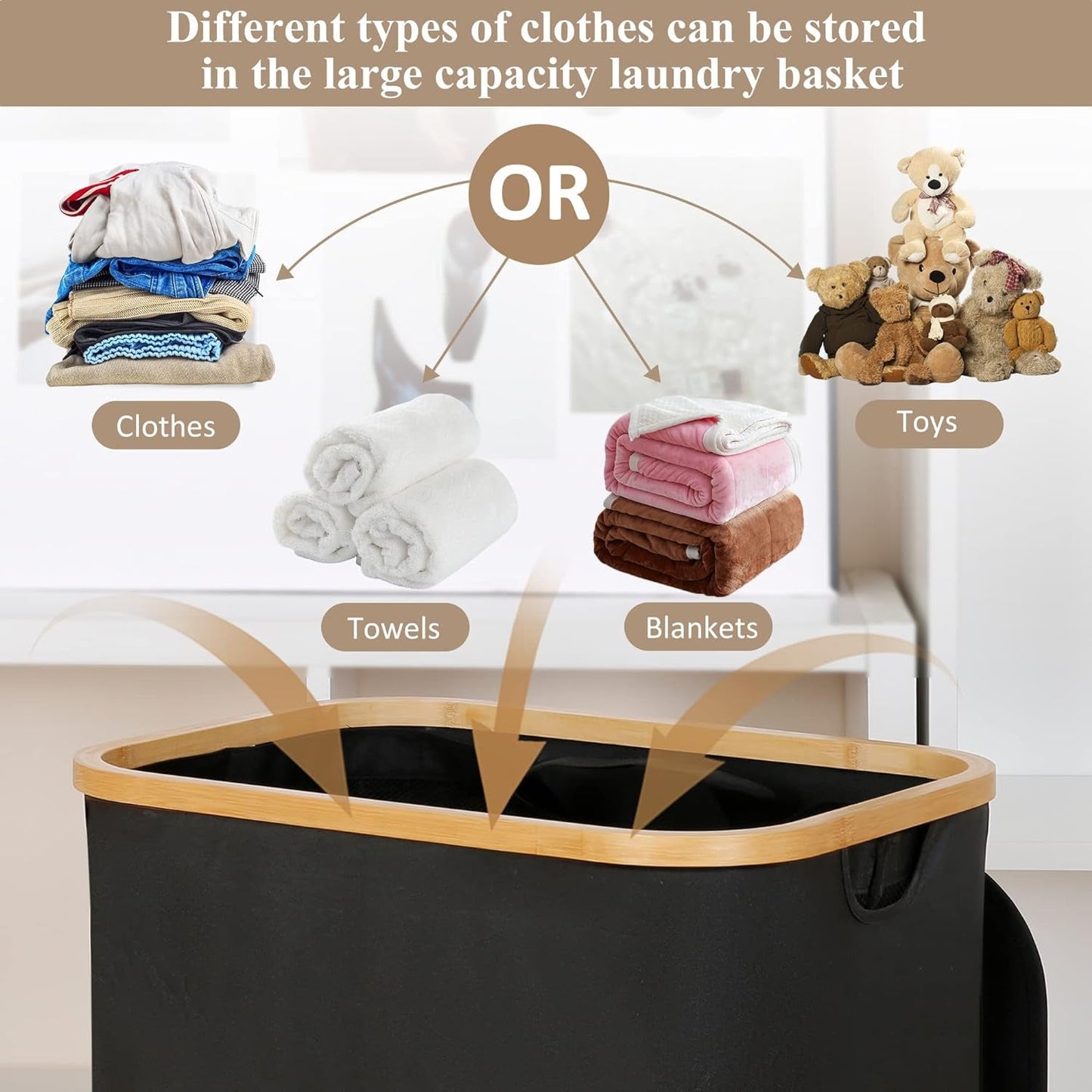 Laundry Hamper with Lid - Waterproof Freestanding Laundry Basket with Removable Liner Bag, Collapsible 110L Large Clothes Storage Laundry Bin with Easy Carry Bamboo Handle for Clothes Toys Organizer - My Store