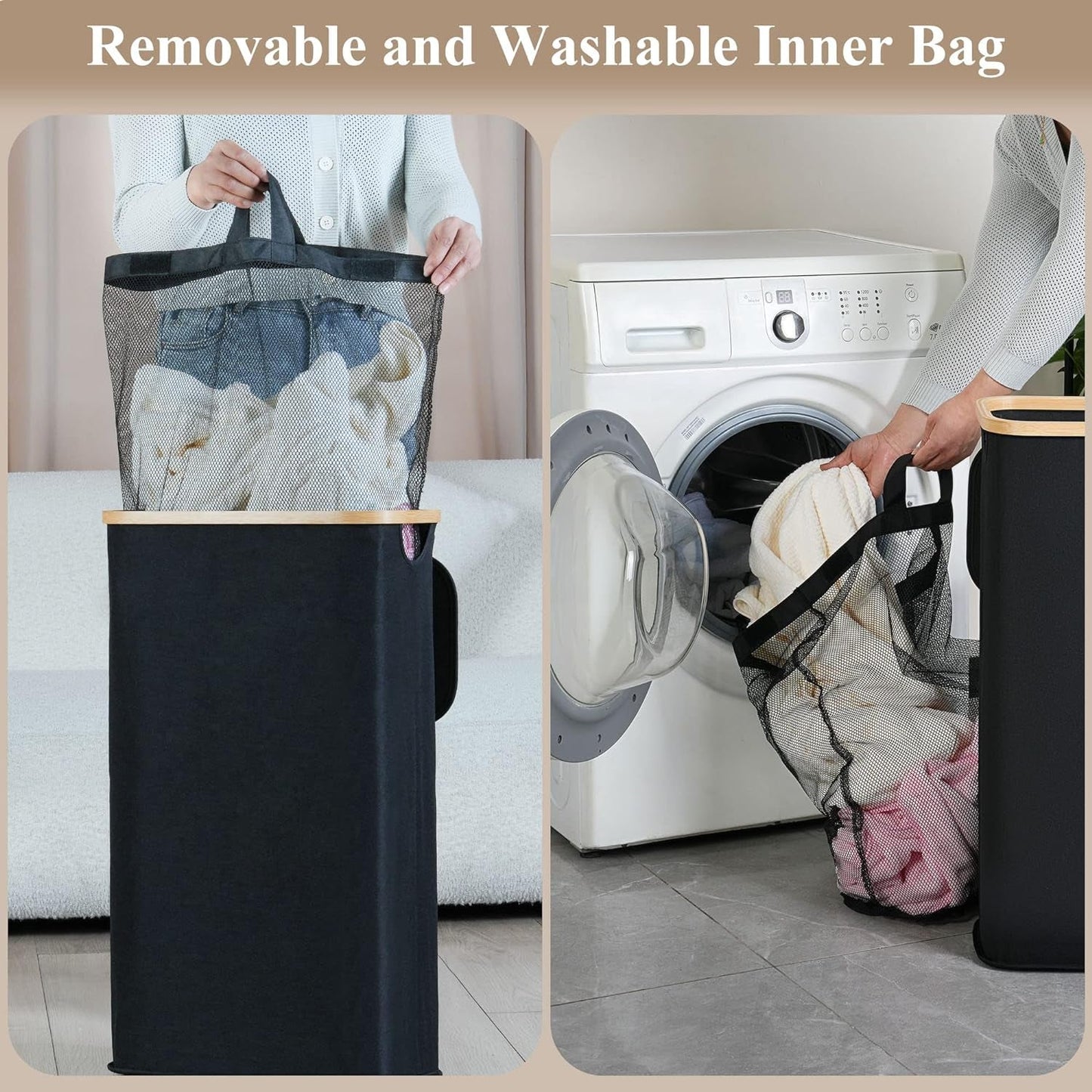 Laundry Hamper with Lid - Waterproof Freestanding Laundry Basket with Removable Liner Bag, Collapsible 110L Large Clothes Storage Laundry Bin with Easy Carry Bamboo Handle for Clothes Toys Organizer - My Store