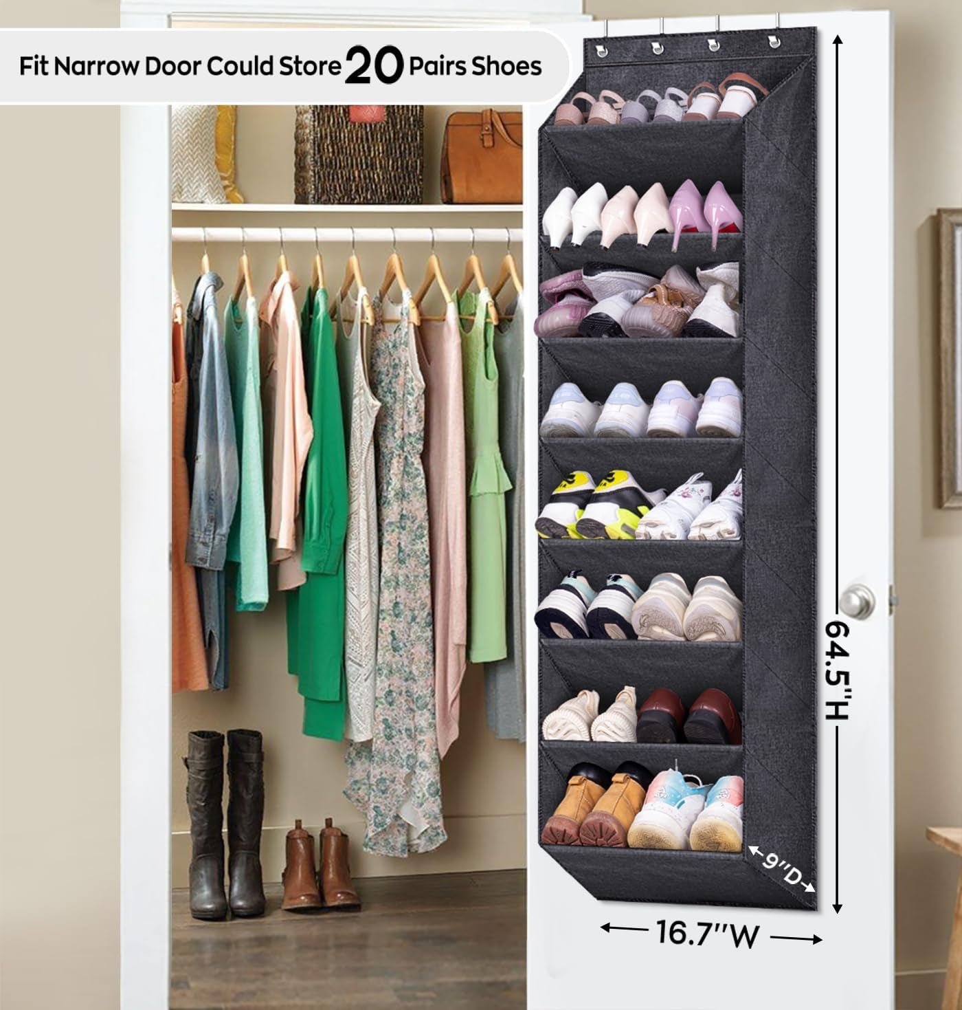 over the Door Shoe Organizer for Closet with Large Deep Pockets, Narrow Shoe Rack for Door Hanging Boots Storage, Black - My Store