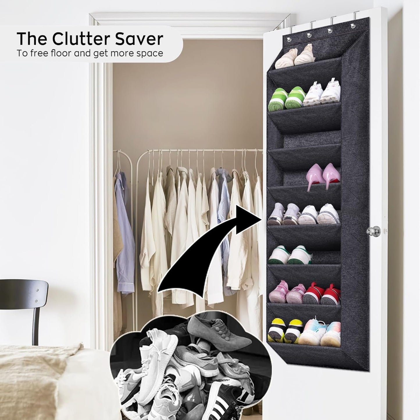 over the Door Shoe Organizer for Closet with Large Deep Pockets, Narrow Shoe Rack for Door Hanging Boots Storage, Black - My Store