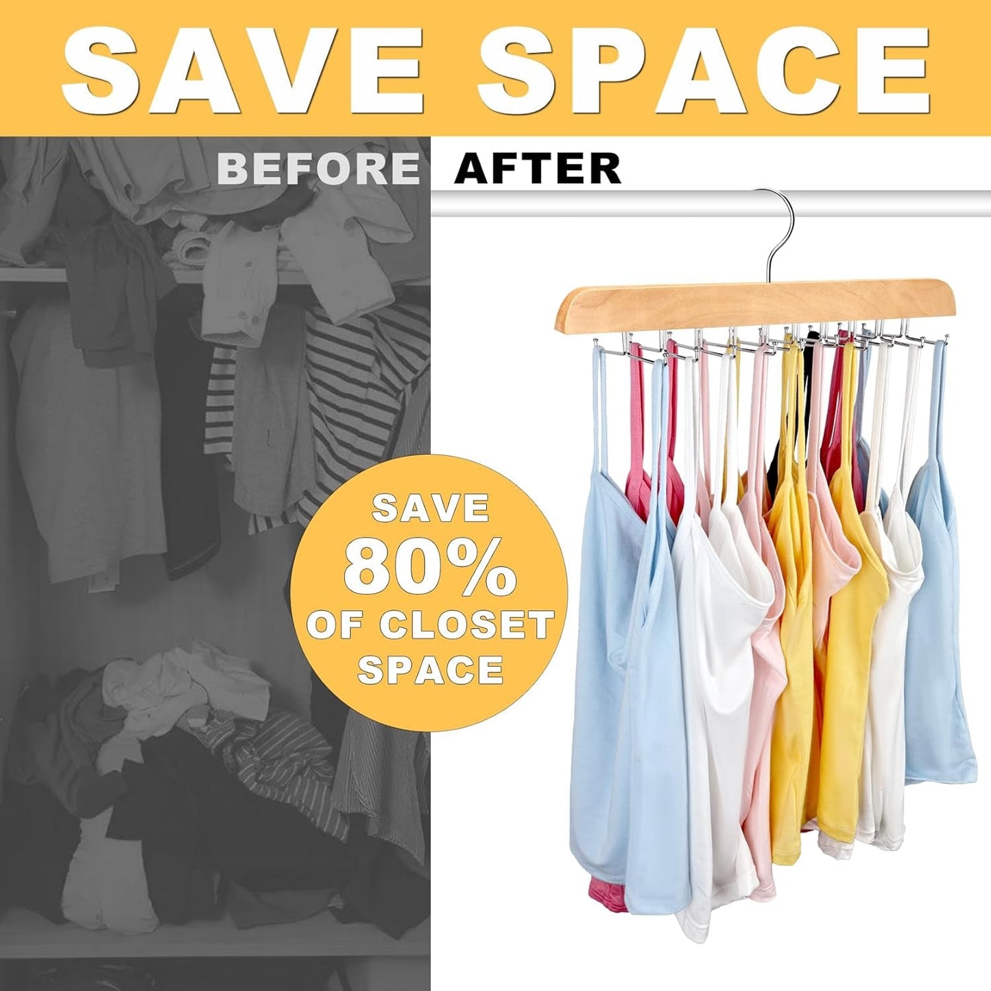 Tank Top Hanger with Premium Wood, 20 Large Capacity, Space Saving,360 Degree Rotating, Foldable Metal Hooks, Tank Tops - My Store