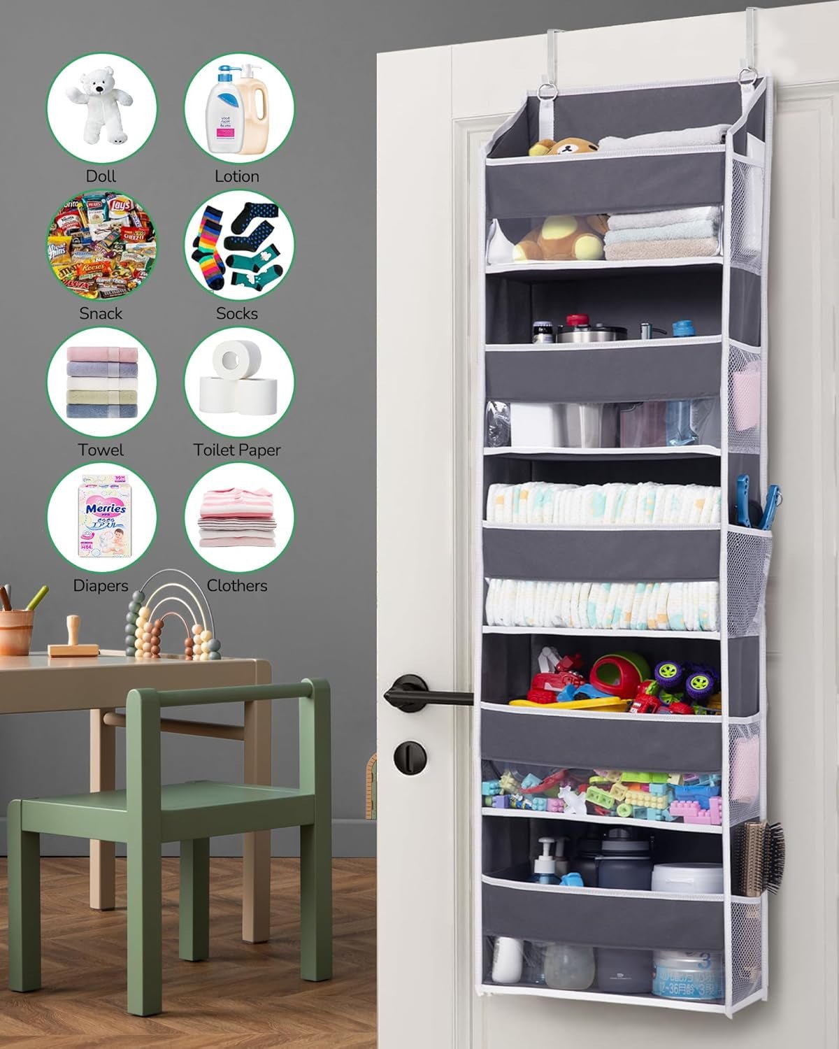 1 Pack over Door Organizer with 5 Large Pockets 10 Mesh Side Pockets, 44 Lbs Weight Capacity Hanging Storage Organizer with Clear Window Kids Toys, Shoes, Diapers, Dark Grey, 5 Layers - My Store