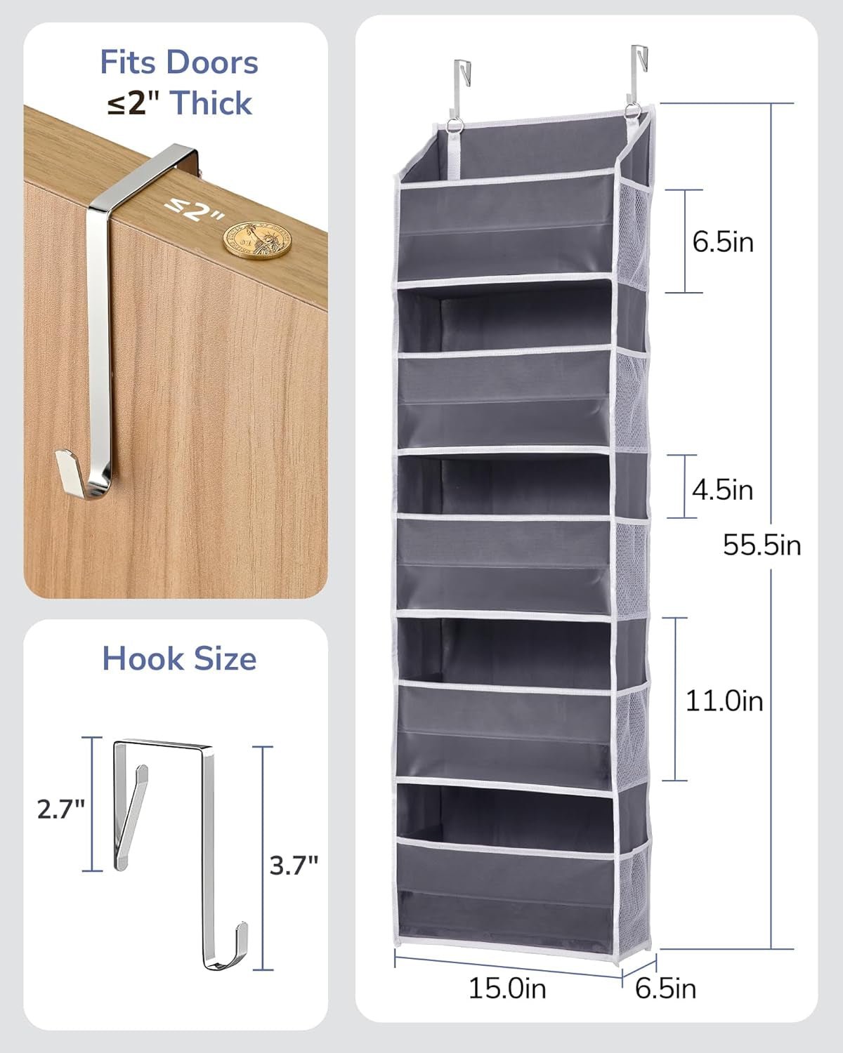 1 Pack over Door Organizer with 5 Large Pockets 10 Mesh Side Pockets, 44 Lbs Weight Capacity Hanging Storage Organizer with Clear Window Kids Toys, Shoes, Diapers, Dark Grey, 5 Layers - My Store