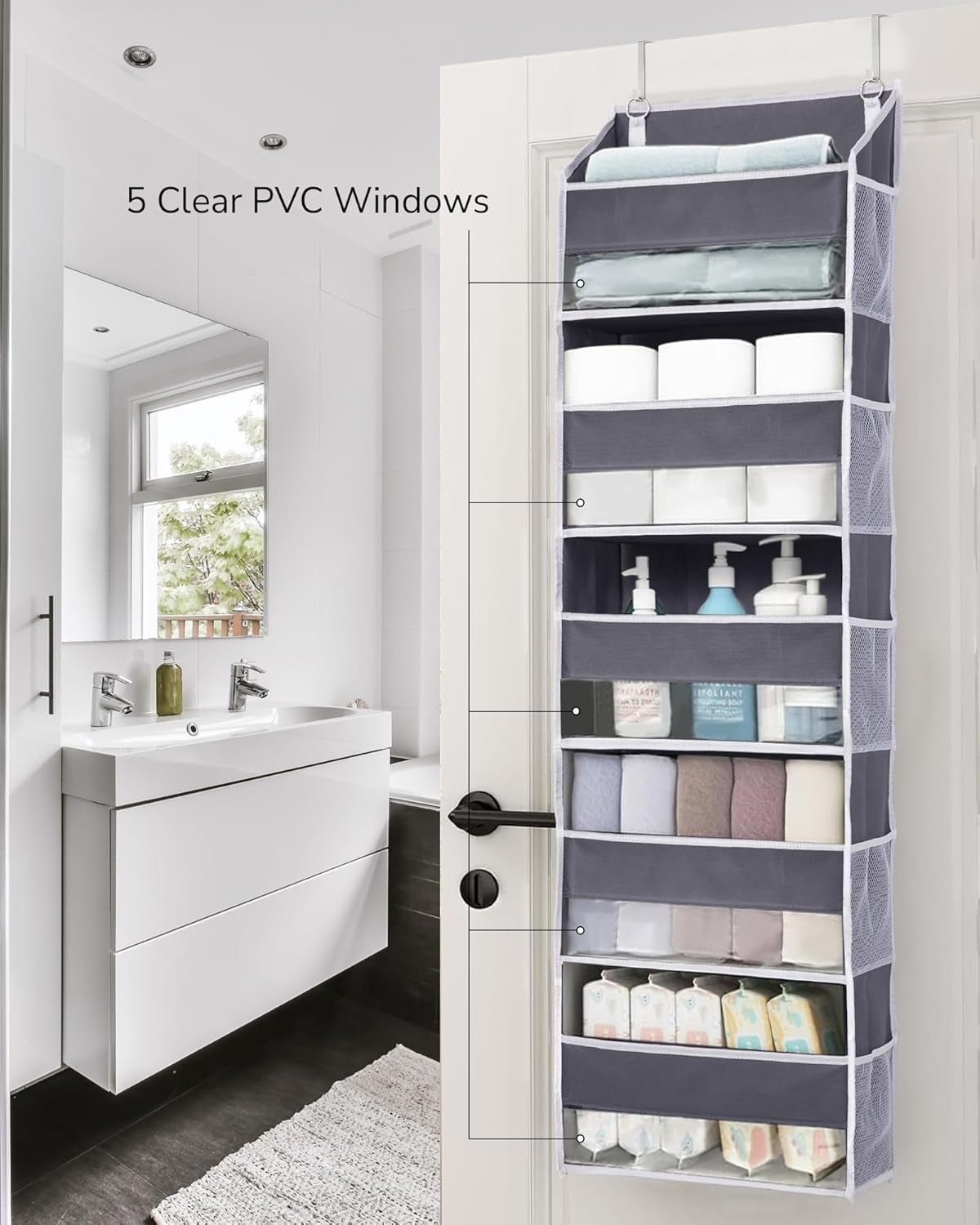 1 Pack over Door Organizer with 5 Large Pockets 10 Mesh Side Pockets, 44 Lbs Weight Capacity Hanging Storage Organizer with Clear Window Kids Toys, Shoes, Diapers, Dark Grey, 5 Layers - My Store