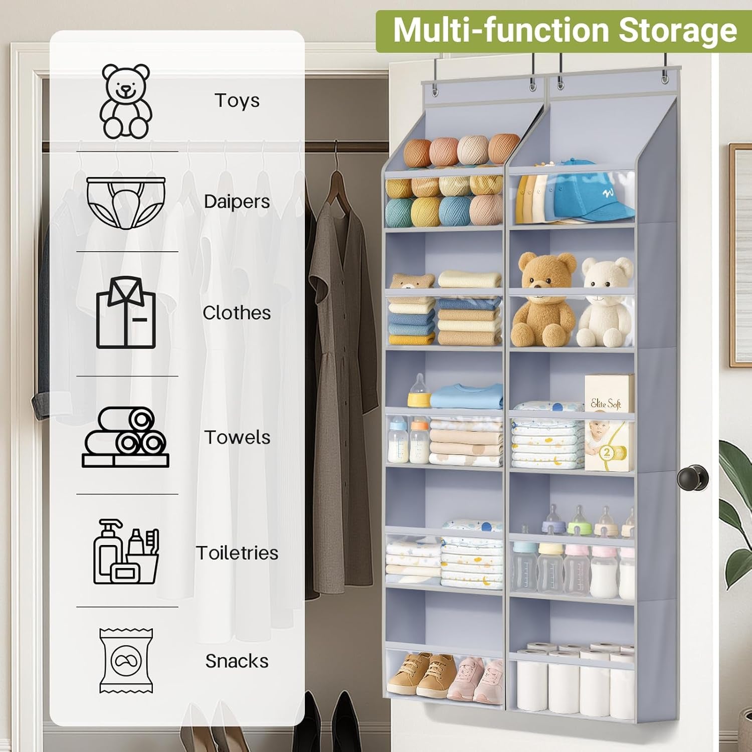 2 Pack over the Door Organizer, Large Capacity Closet Door Hanging Organizer, Clear Deep Pockets Baby Organizer Storage for Nursery, Bathroom, Bedroom, Pantry, Diapers (Grey) - My Store