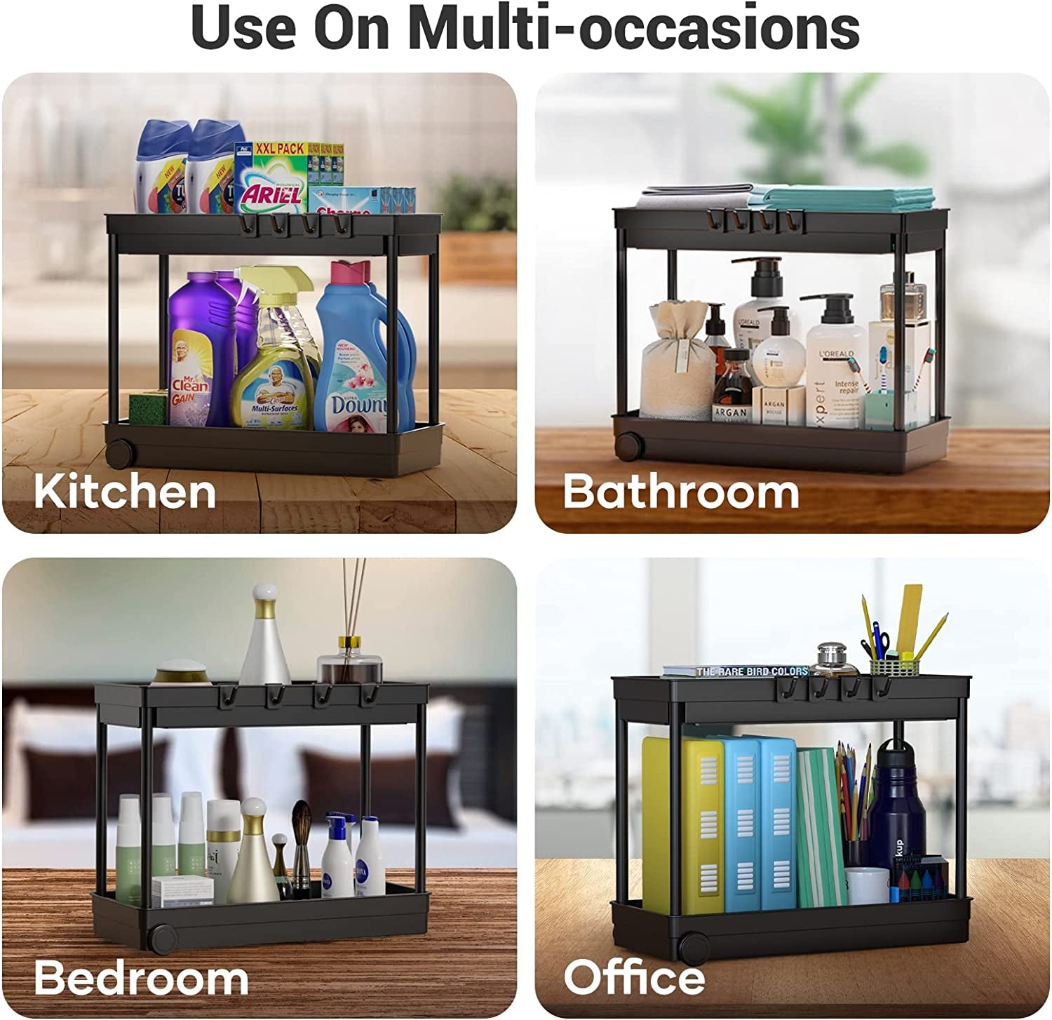 2 Pack under Sink Organizer, 2 Tier Bathroom Cabinet Organizers and Storage with Hook, Multi - Purpose Storage Basket Shelf for Kitchen, Black - My Store