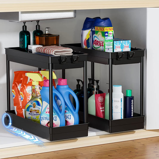 2 Pack under Sink Organizer, 2 Tier Bathroom Cabinet Organizers and Storage with Hook, Multi - Purpose Storage Basket Shelf for Kitchen, Black - My Store