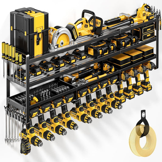 49" W Large Power Tool Organizer Wall Mount Loads 600 Lbs, Heavy Duty 4 - Tier 12 Drills Holder, Cordless Tool Storage Battery Shelf, Utility Racks for Garage Workshop Shed, Gifts for Men Husband - My Store
