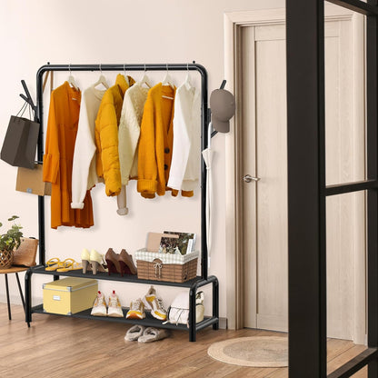 52 - Inch Garment Rack with Storage Shelves and Coat/Hat Hanging Hooks, Black - My Store