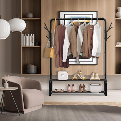 52 - Inch Garment Rack with Storage Shelves and Coat/Hat Hanging Hooks, Black - My Store