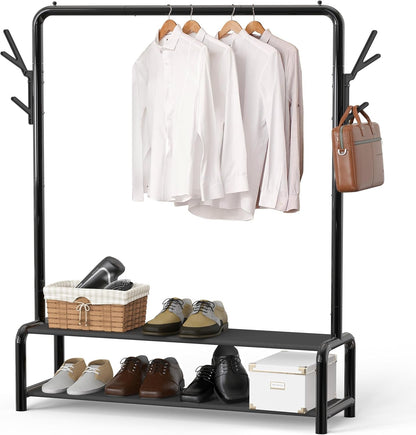52 - Inch Garment Rack with Storage Shelves and Coat/Hat Hanging Hooks, Black - My Store