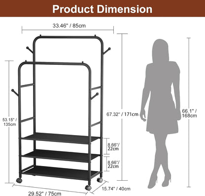 Clothes Racks for Hanging Clothes, Portable Rolling Garment Rack, Sturdy Metal Freestanding Cloths Racks with Wheels, Double Rods Wardrobe Rack for Bedroom Laundry Living Room - My Store