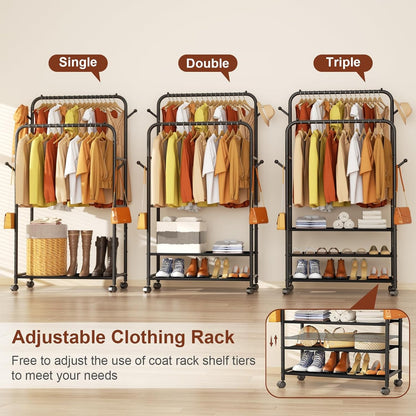 Clothes Racks for Hanging Clothes, Portable Rolling Garment Rack, Sturdy Metal Freestanding Cloths Racks with Wheels, Double Rods Wardrobe Rack for Bedroom Laundry Living Room - My Store