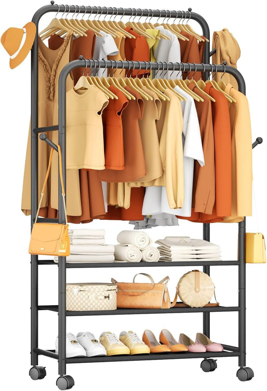 Clothes Racks for Hanging Clothes, Portable Rolling Garment Rack, Sturdy Metal Freestanding Cloths Racks with Wheels, Double Rods Wardrobe Rack for Bedroom Laundry Living Room - My Store