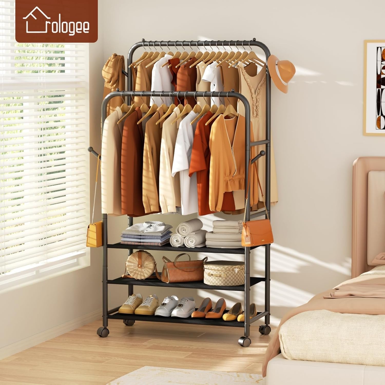 Clothes Racks for Hanging Clothes, Portable Rolling Garment Rack, Sturdy Metal Freestanding Cloths Racks with Wheels, Double Rods Wardrobe Rack for Bedroom Laundry Living Room - My Store