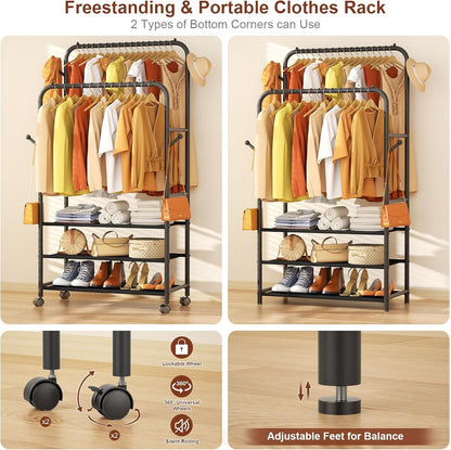 Clothes Racks for Hanging Clothes, Portable Rolling Garment Rack, Sturdy Metal Freestanding Cloths Racks with Wheels, Double Rods Wardrobe Rack for Bedroom Laundry Living Room - My Store