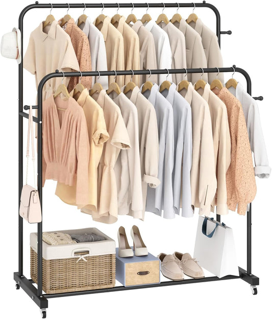 Double Rods Garment Rack with Wheels, Clothing Rack for Hanging Clothes,4 Hooks, Multi - Functional Bedroom Clothes Rack, Black - My Store