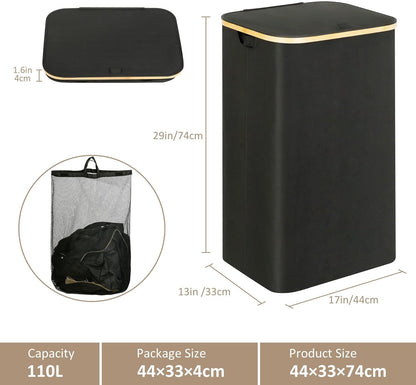 Laundry Hamper with Lid - Waterproof Freestanding Laundry Basket with Removable Liner Bag, Collapsible 110L Large Clothes Storage Laundry Bin with Easy Carry Bamboo Handle for Clothes Toys Organizer - My Store