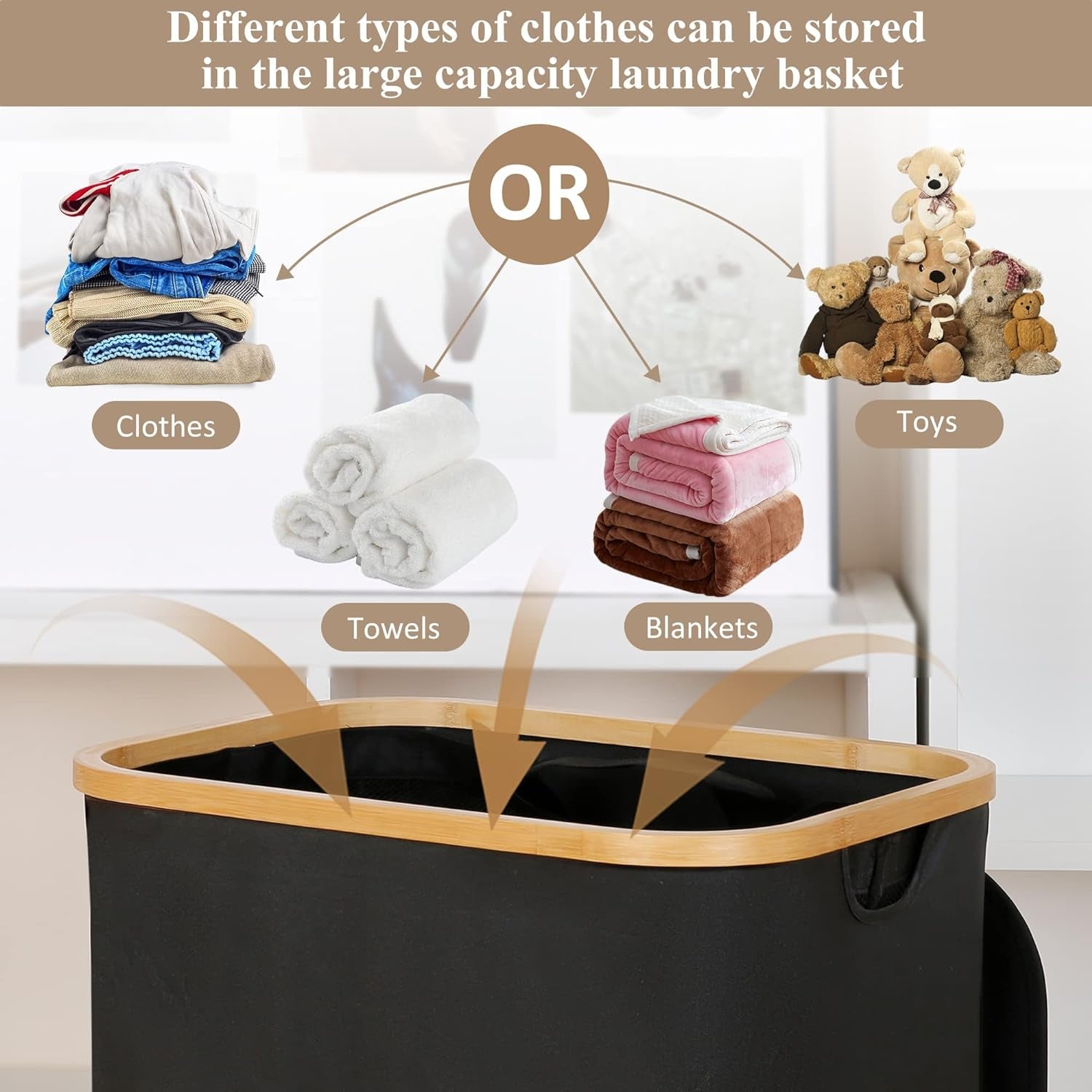 Laundry Hamper with Lid - Waterproof Freestanding Laundry Basket with Removable Liner Bag, Collapsible 110L Large Clothes Storage Laundry Bin with Easy Carry Bamboo Handle for Clothes Toys Organizer - My Store